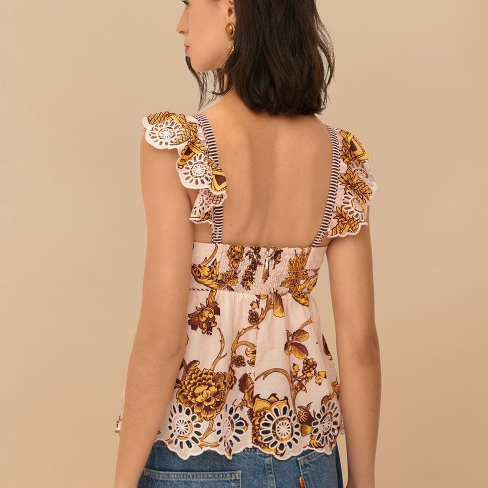 NWT FARM Rio Floral Embroidered, Scallop Trim Top - Size M Pink/Brown - Picture 3 of 8